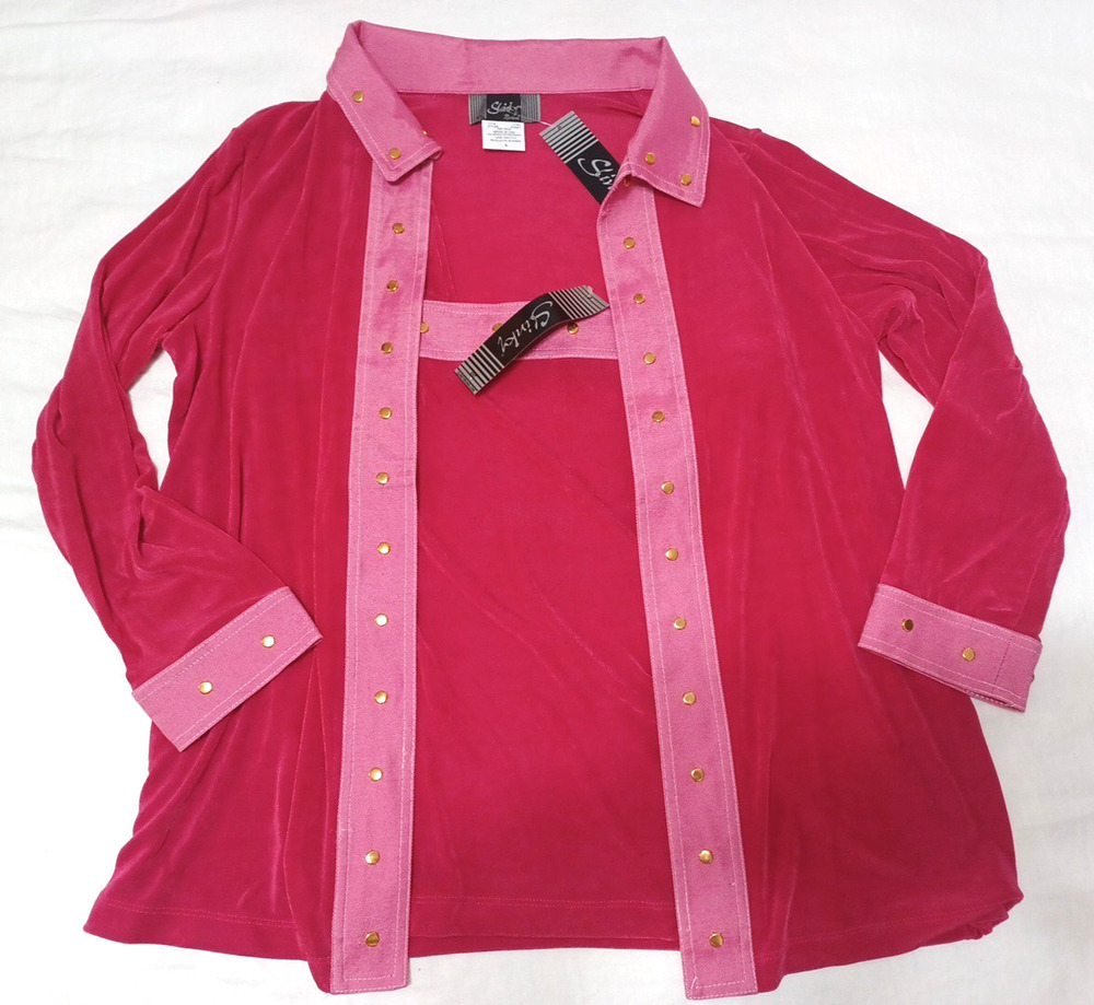 Slinky Women 2 Pc Set Open Cardigan Tank Top Sz L Pink Stretch Knit Travel NEW